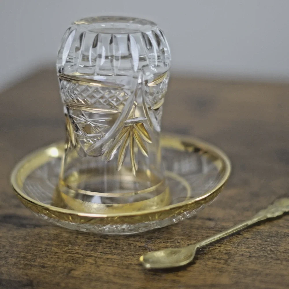 Vintage Turkish Crystal Tea Glass Saucer Spoon Gold Rim Choose Set READ
